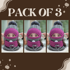 Women 3 Pc's Beanie Cap With Neck Warmer And Mask - Purple