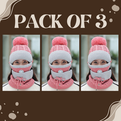 Women 3 Pc's Beanie Cap With Neck Warmer And Mask - Pink