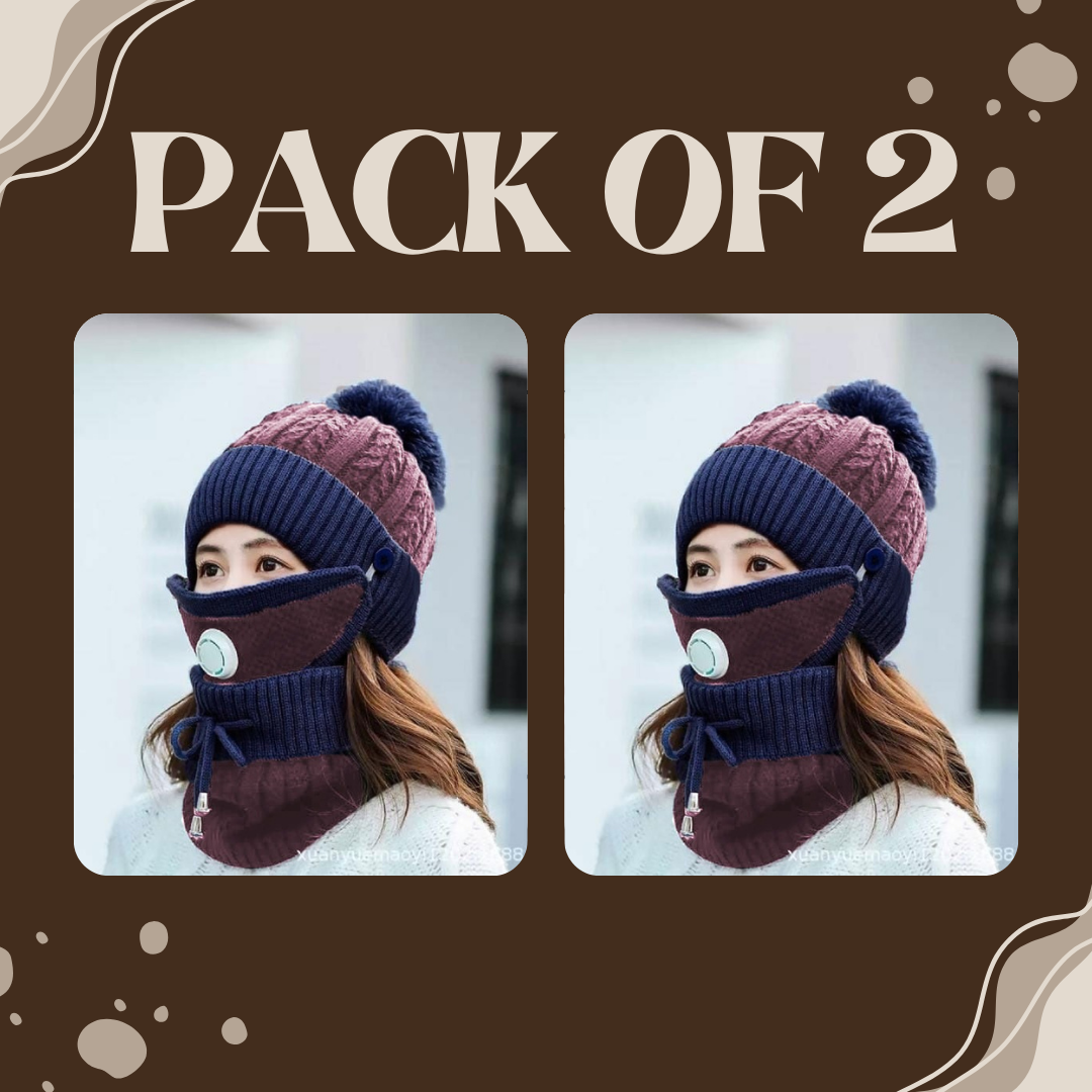 Women 3 Pc's Beanie Cap With Neck Warmer And Mask - Blue