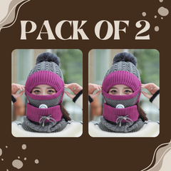 Women 3 Pc's Beanie Cap With Neck Warmer And Mask - Purple