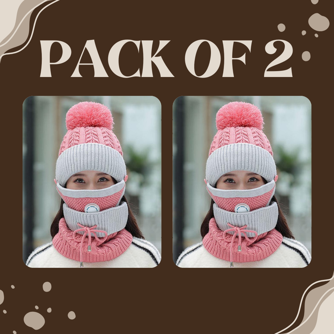 Women 3 Pc's Beanie Cap With Neck Warmer And Mask - Pink