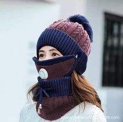 Women 3 Pc's Beanie Cap With Neck Warmer And Mask - Blue