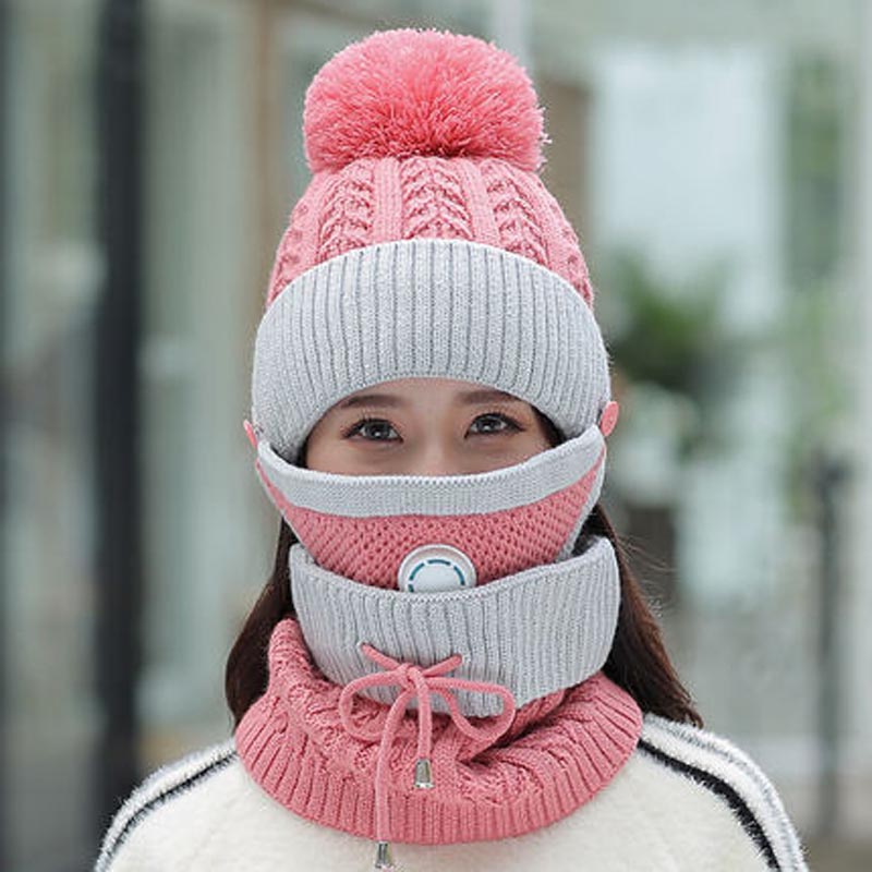 Women 3 Pc's Beanie Cap With Neck Warmer And Mask - Pink