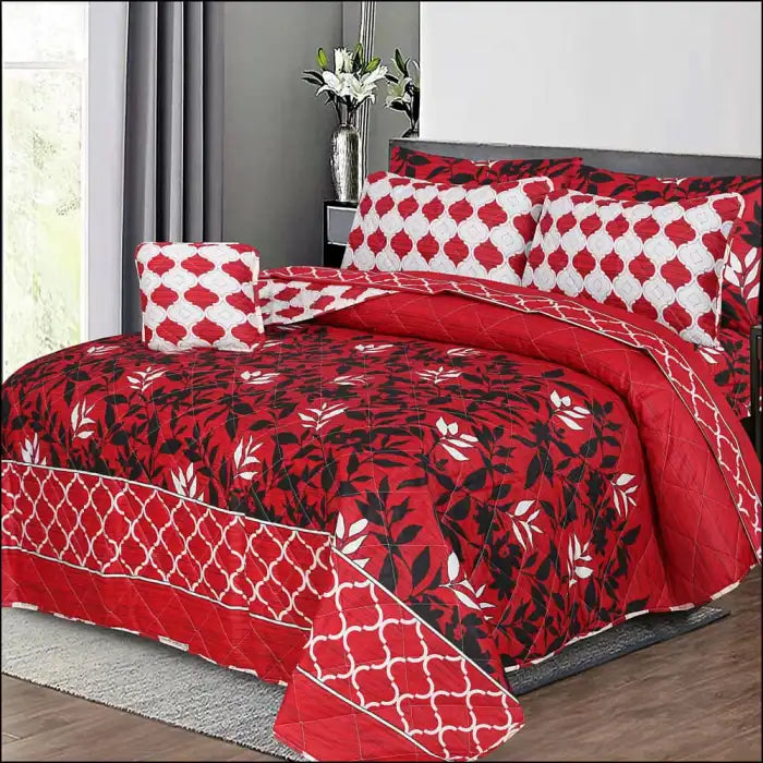 7 Pcs Quilted Comforter Set - Red Blotches