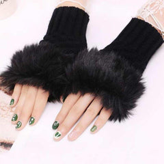 Women Faux Rabbit Fur Gloves - Black