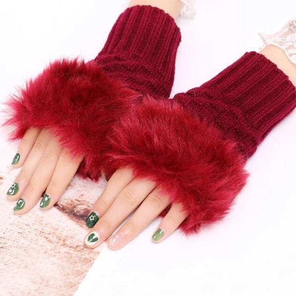 Women Faux Rabbit Fur Gloves - Maroon