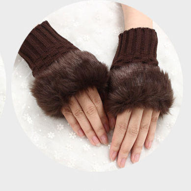 Women Faux Rabbit Fur Gloves - Brown