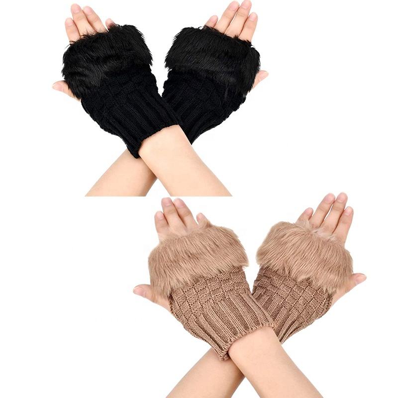 Women Faux Rabbit Fur Gloves - Brown