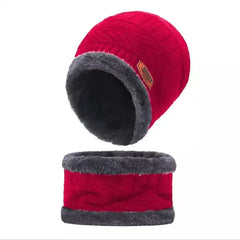 Unisex Beanie Wool Cap With Neck Warmer - Red