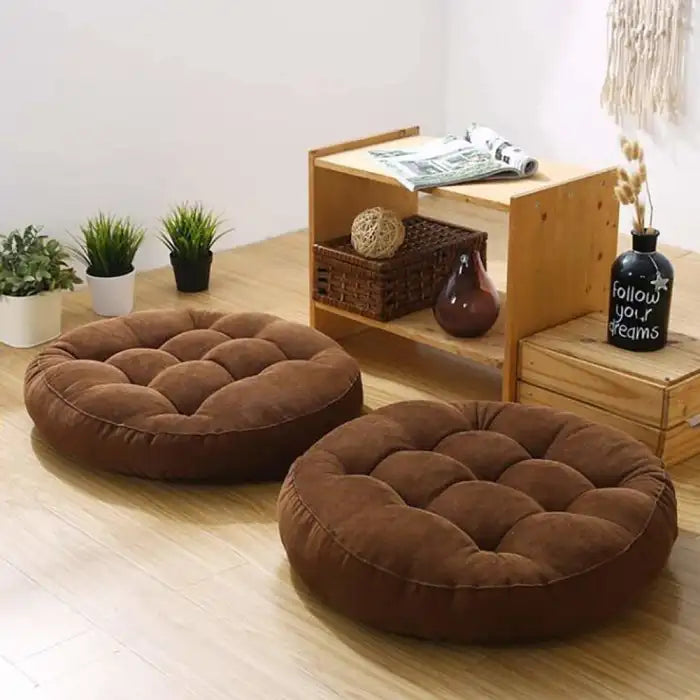 Velvet Round Floor Cushions With Ball Fiber Filling (1 Pair = 2 Pieces) - Dark Brown